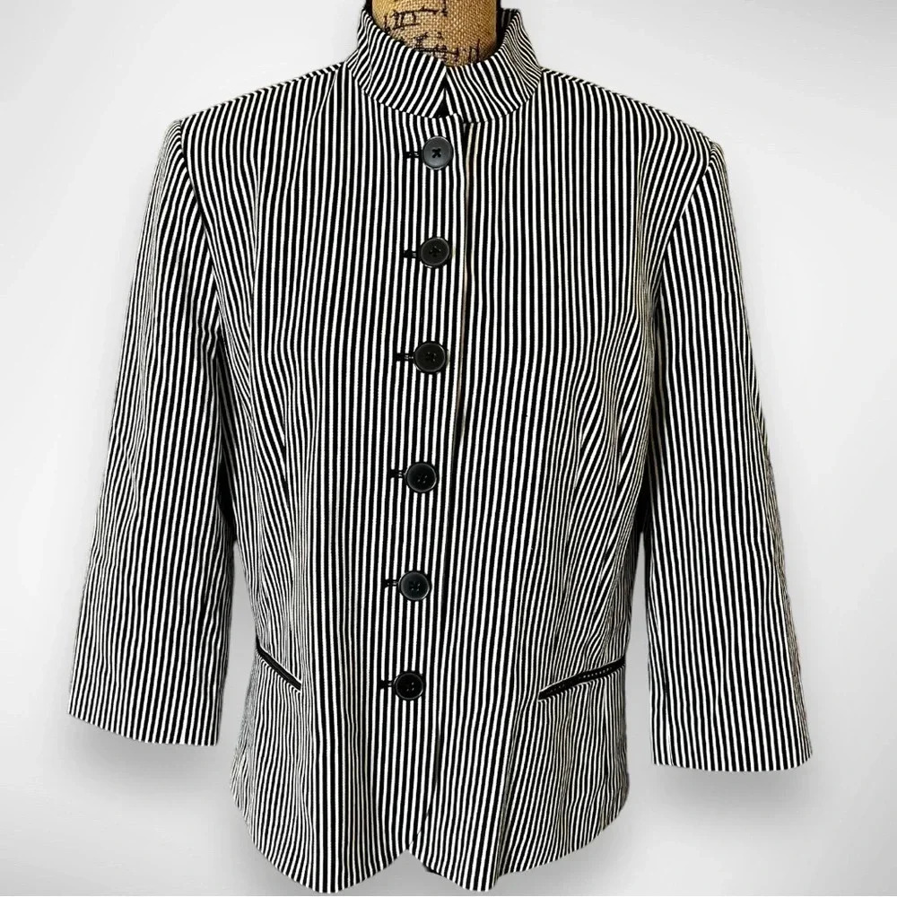 Chaps Black & White Vertical Stripe Stand-Collar Blazer